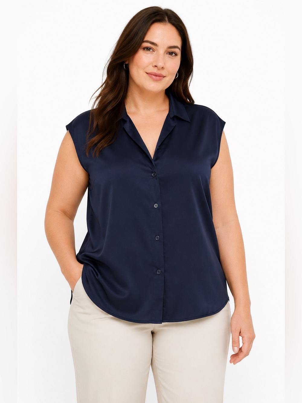 Banana Republic Factory Navy Satin Sleeveless Button Front Blouse XXL